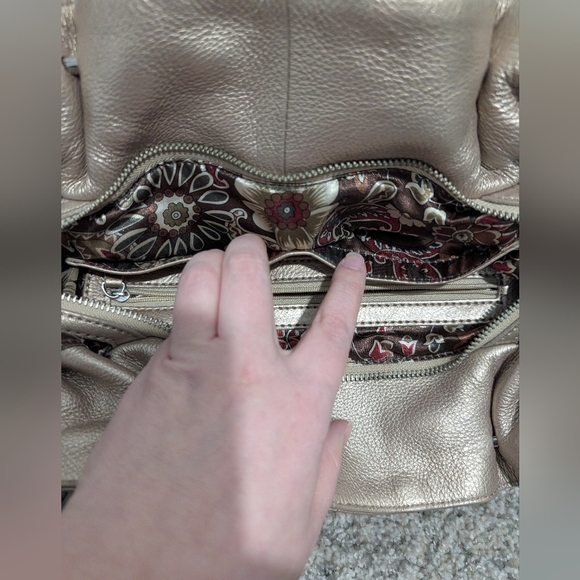 Tignanelle Metallic Gold Pebble Leather Double Handle with Zipper Shoulder Bag - Picture 13 of 13